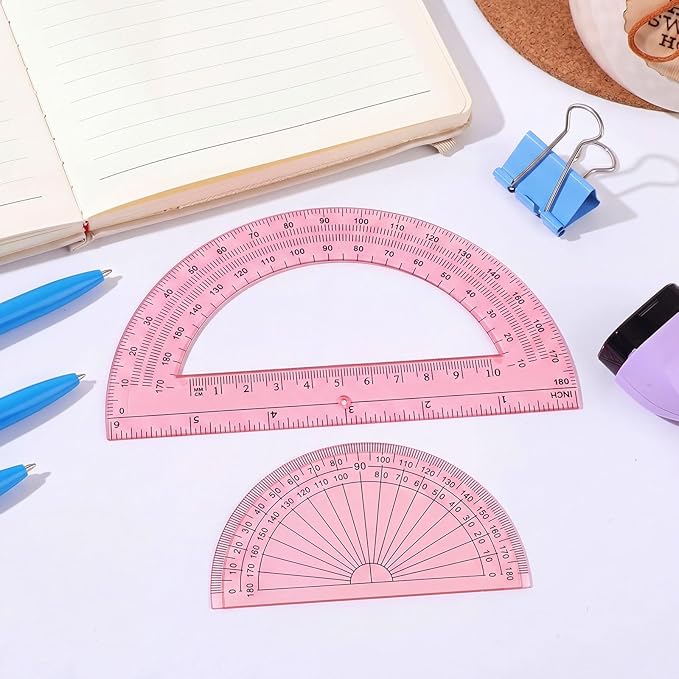 EBOOT 2 Pcs Plastic Protractor Clear 180 Degrees Transparent Protractor for Geometry, 4 Inch and 6 Inch(Light Pink)