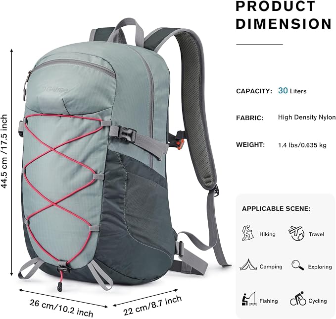 G4Free 30L Lightweight Hiking Backpack for Men Women, Airline Approved Day Pack for Travel, Bussiness Work, Easy Hike(Grey)