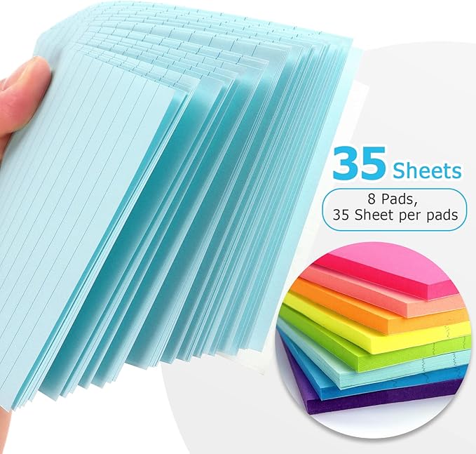 Eastern Wolf 8 Pads Lined Sticky Notes 4x6 in, Sticky Notes with Lines, Self-Stick Note Pads 8 Bright Multi Colors, 35 Sheet/Pad