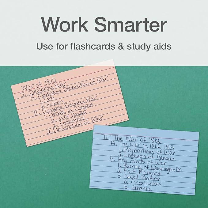 Oxford Ruled Index Cards, Lined Note Cards, Flashcards for School, 4 Assorted Pastel Colors: Gray, Peach, Light Blue and Light Green, 3 Inch x 5 Inch, 200 Cards Per Pack (1017486)