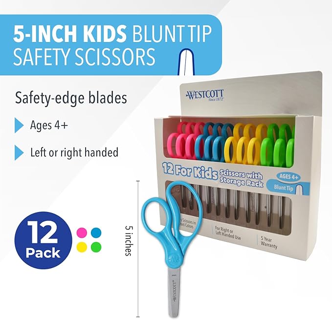 Westcott School Left and Right Handed Kids Scissors, 5" Blunt, Pack of 12, Assorted