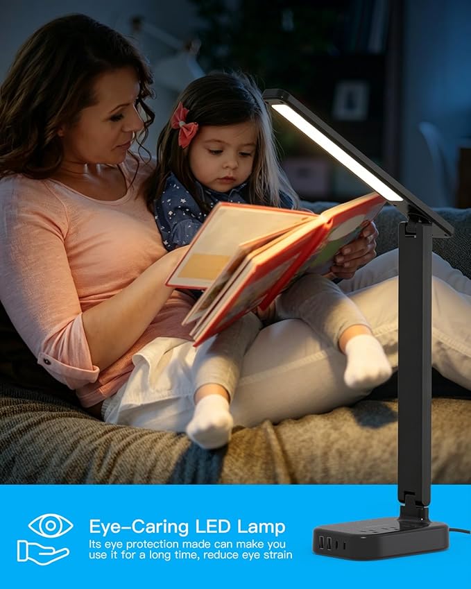 One Beat Small LED Desk Lamp Power Strip 10ft Extension Cord, 3 Outlets 4 USB Ports(2 USB C), 4 Modes, 5 Level Touch Lamp, Study Reading Light, Home Office Bedroom College Dorm Room Essentials, Black