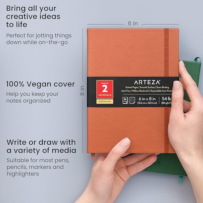 ARTEZA Dotted Journals, Pack of 2, 6 x 8 Inches, 96 Sheets, Hunter Green and Saddle, Hardcover Notepads with Smooth Paper for Writing and Journaling