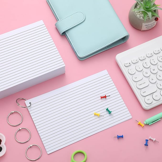 Yexiya 500 Pcs Index Cards with Rings Study Supplies Punched Lined Flash Cards with Holes Ruled Single Hole Notes and Metal Rings for Adults Office(4 x 6 Inch,White)