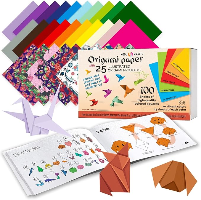 Origami Paper - 100 Origami Paper Kit - Set Includes, 100 Sheets 20 Colors 6x6, Origami Book 25 Easy Colored Projects, Kids Crafts, Christmas Gifts for boys 8-12