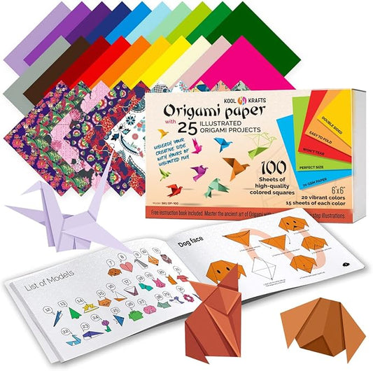 Origami Paper - 100 Origami Paper Kit - Set Includes, 100 Sheets 20 Colors 6x6, Origami Book 25 Easy Colored Projects, Kids Crafts, Christmas Gifts for boys 8-12