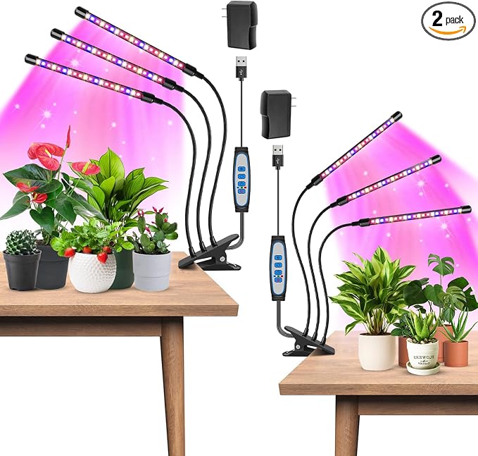 LED Grow Light, 2PCS 3 Heads Full Spectrum Plant Light with Clip | 6000K Plant Light, Timer 6/12/16Hrs, 3 Spectrums, 5 Dimmable Levels, Flexible Gooseneck