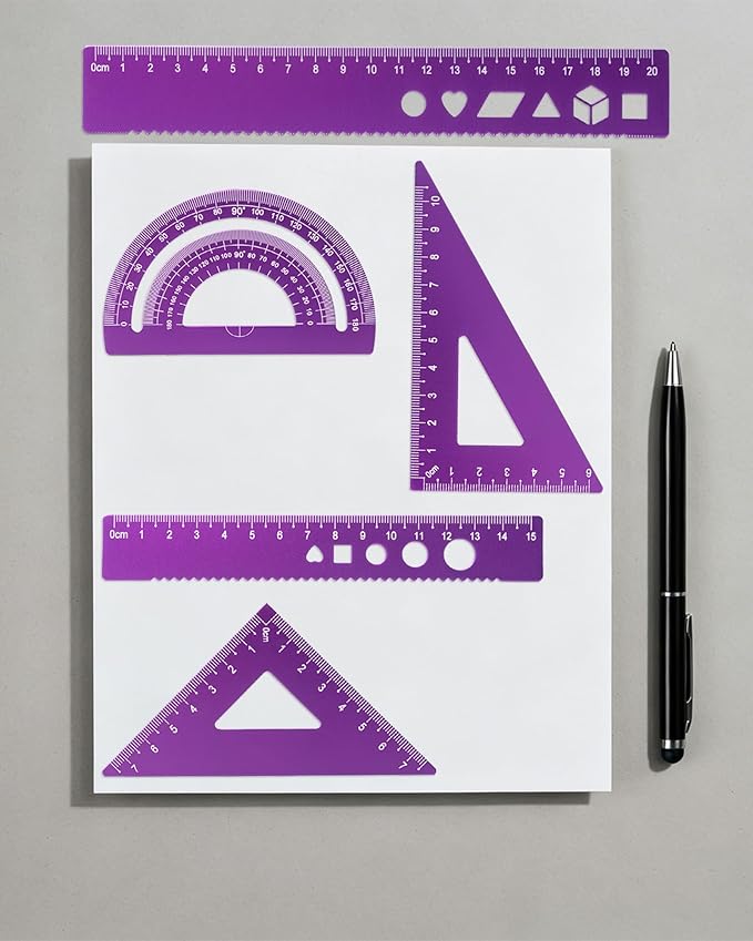 5 Pcs Metal Geometry Set, Math Drafting Ruler Kit- Aluminum Triangle Rulers, Protractor, 8 Inch and 6 Inch Drawing Ruler, Measuring Tool for School and Office Supplies (Purple)