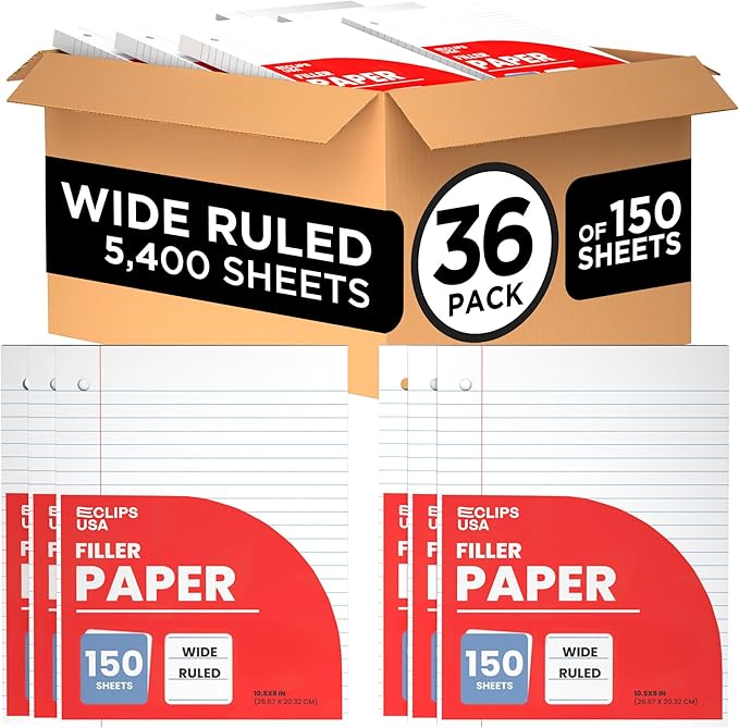 Wide Ruled Loose Leaf Paper Wide Ruled Notebook Paper Lined Writing Filler Paper 10.5” x 8” 56 gsm 4500 Sheets 150 Sheet Per Pack (36 Pack)
