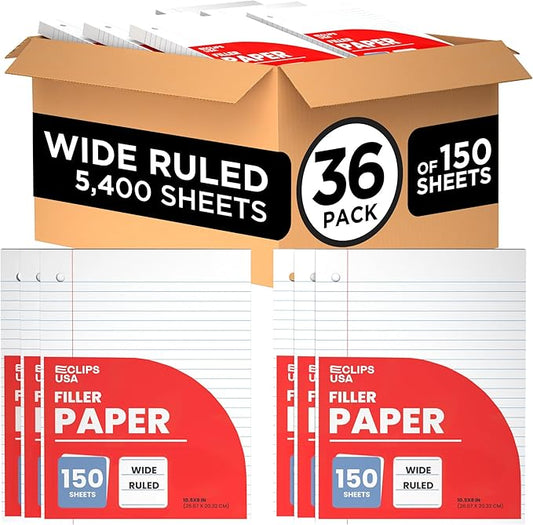 Wide Ruled Loose Leaf Paper Wide Ruled Notebook Paper Lined Writing Filler Paper 10.5” x 8” 56 gsm 4500 Sheets 150 Sheet Per Pack (36 Pack)