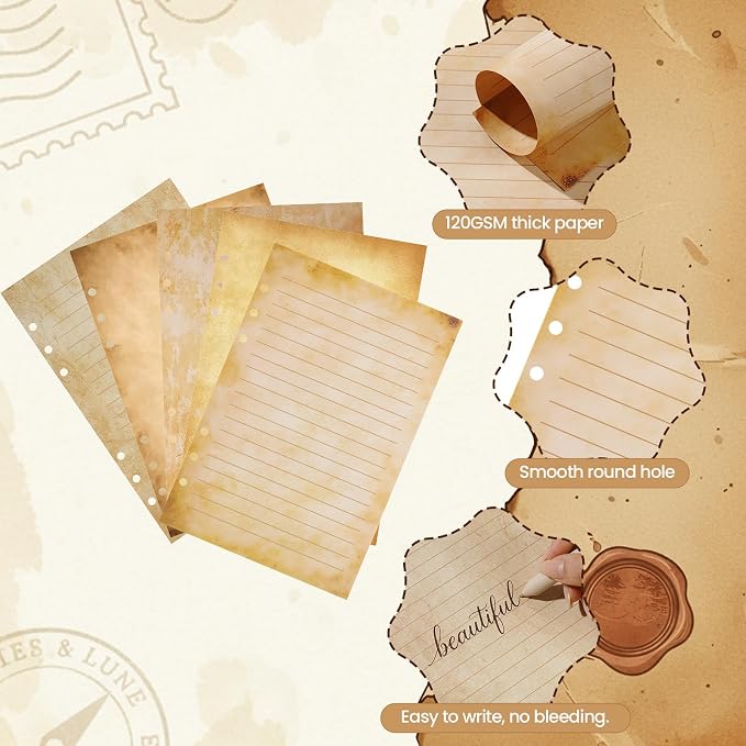 100 Sheets Vintage A5 Refills Papers for Planner Insert Binder, 120GSM Thick Antique Retro Notebook Fillers, Aged Look 6 Hole Loose Leaf Papers for Old Fashion A5 6 Ring Binder Journal Diary Budget