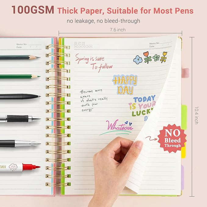 Hardcover Spiral Journal Notebook, 300 Pages 5 Subject Notebook College Ruled with Removable Dividers Tabs, 8" x 10" Notebooks for Work, Spiral Ruled Lined Writing Journal Hardcover Leather Notebook for School (Blue and pink flowers, 8''x 10'')