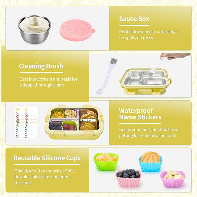 Stainless Steel Lunch Box Kids, 3 Compartments Leak Proof Metal Bento Box, Snack Containers with Condiment Cup, Food Storage Containers With Utensils and Small Cleaning Brush Set, Yellow