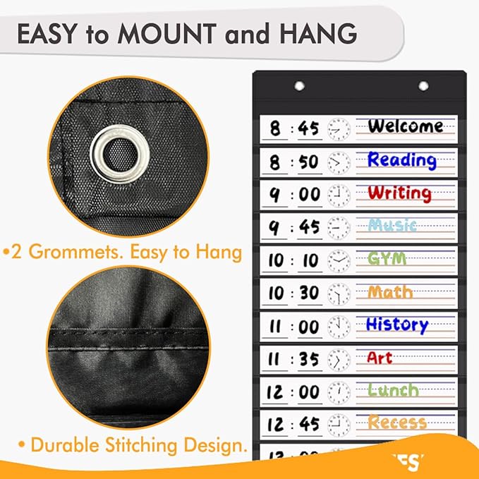 Daily Schedule Pocket Chart, 13+1 Pockets Visual Classroom Schedule Pocket Chart, 18 Double-Side Dry Erase Cards Routine Calendar for Classroom, Office, Home Teacher Supplies (Black)