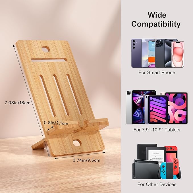 Pezin & Hulin Wooden Bamboo Cell Phone Stand, Wood Charging Dock Holder, Portable Desktop Phone Rack, Compatible with Mobile Phone and Tablet -Slim Version