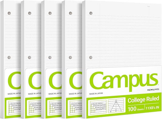 Kokuyo Campus Loose Leaf Paper for 3 Ring Binders, 11” x 8-1/4” Smooth Writing Lined Paper, 500 Sheets, 70 GSM, College Ruled, Bleeding-Resistance, School Suppliers, Made in Japan (WSG-NO-887G1x5)