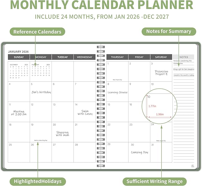 Monthly Planner 2026-2027, 2026 Calendar 24 Months Planner, Jan 2026 - Dec 2027, 8.6" x 11", Academic Calendar Hard PVC Cover with Spiral Bound, Perfect for School & Office for Women & Men