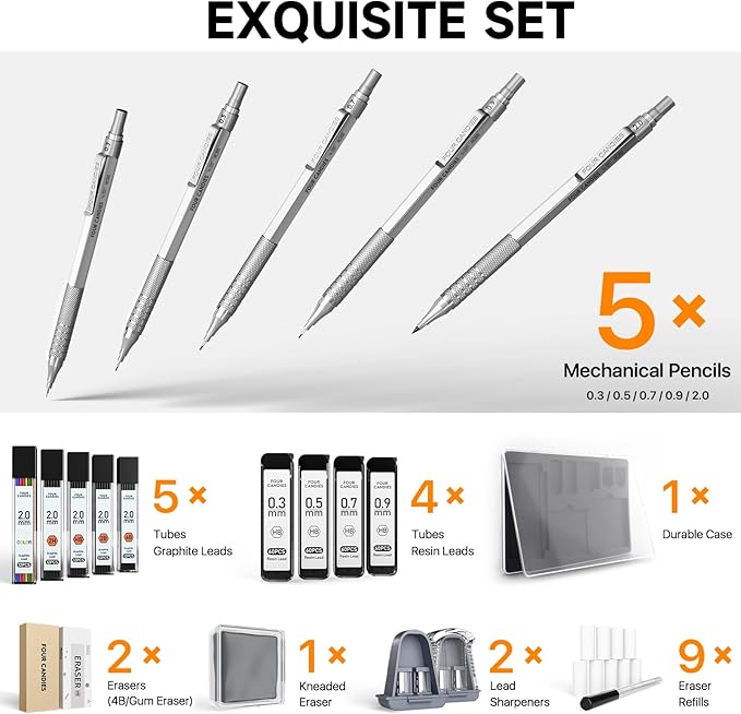 Four Candies Metal Mechanical Pencil Set, 4PCS 0.3, 0.5, 0.7, 0.9MM Mechanical Pencils & 2MM Drawing Pencil with 9 Tubes Lead Refills (4B 2B HB 2H Color) for Student Writing Artist Sketching - Black