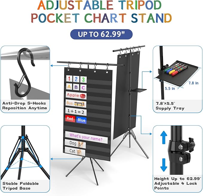 Pocket Chart Stand with Standard Pocket Chart, Height Adjustable Tripod Anchor Holder up to 62.99", 4 Anti-Drop S-Hooks, Teacher Supply Tray for Classroom & Homeschool