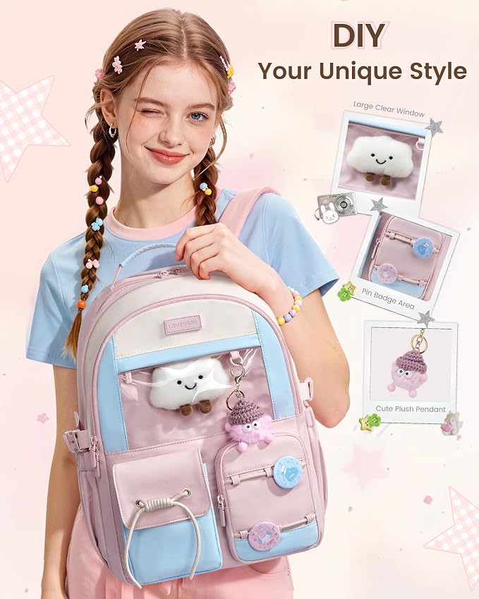 LOVEVOOK School Backpack for Girls Ages 8-16，Cute Student Bookbag for Teen Girls Kids Back to School with Cup Holder, DIY Ita Bag Fit 15.6 Inch Laptop for Elementary & Middle School