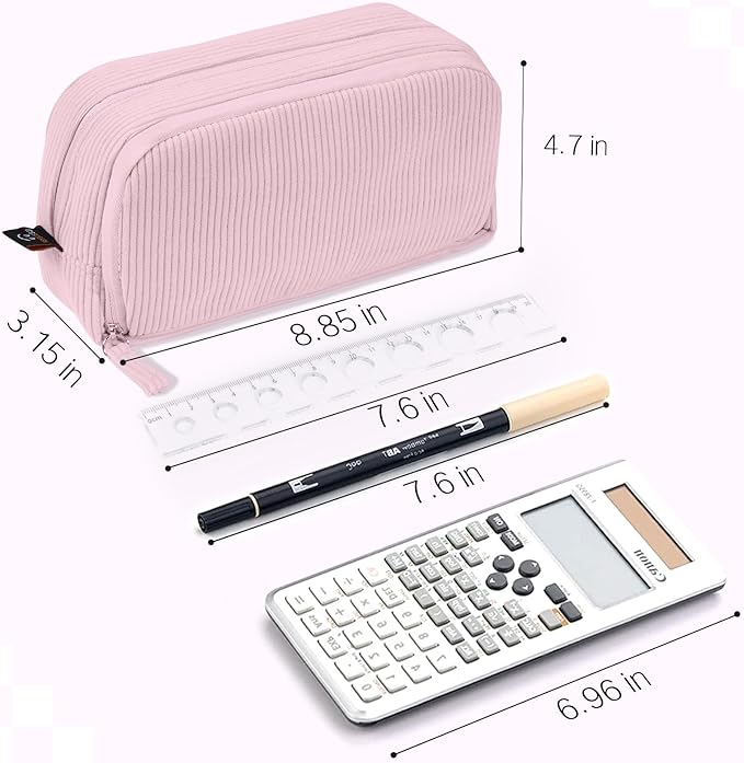Sooez Big Capacity Pencil Case Pen Pouch, Soft Corduroy Pencil Bag with 3 Compartment, Multiple Pockets, Sturdy Zipper, Cute School Supplies Pen Bag Organizer For Teen Girls College, Pink