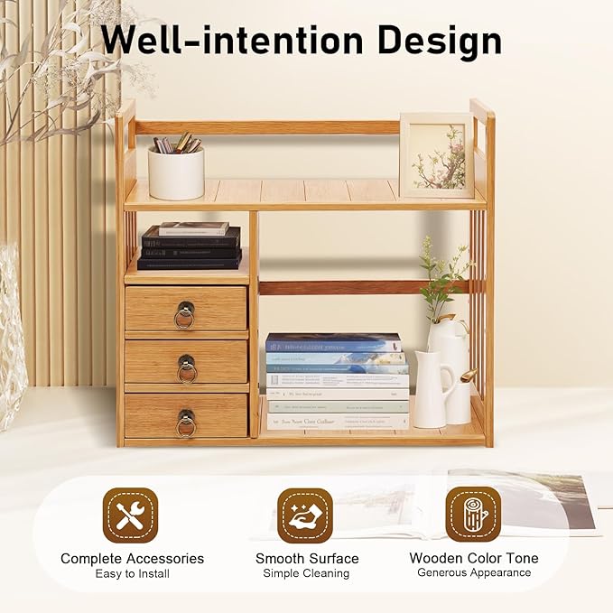 Bamboo Desktop Bookshelf, Organizer Office Desk Storage Display Shelf Rack with 3 Drawers Desk File, Office Counter Top Bookcase for Home School