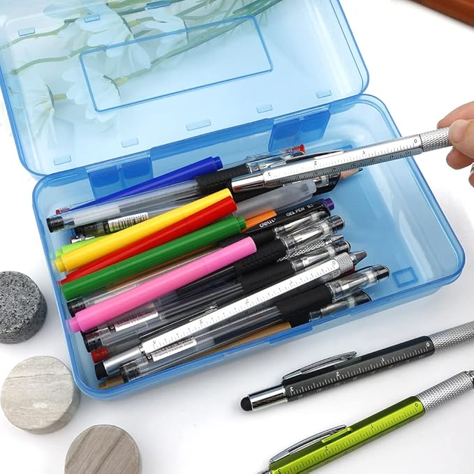 Pencil Box, Large Capacity Clear Pencil Case, 1 Pack Hard Pencil Case, Clear Crayon Box with Snap-tight Lid Stackable Design, Plastic Storage Box for Office Supplies, Blue