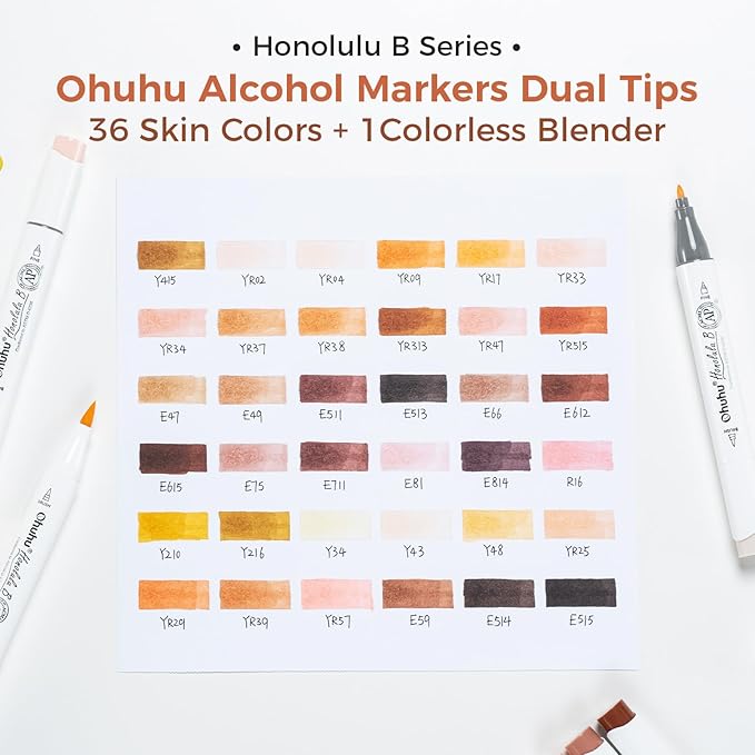 Ohuhu Skin Tone Alcohol Markers Brush Tip - 36 Portrait Skin Color Markers for Artist Adults Coloring Illustration - Fine and Brush Dual Tips - Honolulu B - Refillable - AP Certificated