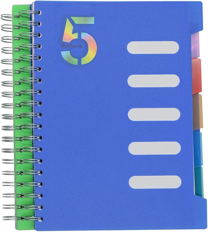 5 Subject Notebook, 2 Pcs Green and Dark Blue 10 Inch x 7 Inch B5 Spiral Notebook With Waterproof Plastic Softcover, 300 Pages 80 Gsm College Ruled Papers With 5 Sheets Colorful Movable Dividers