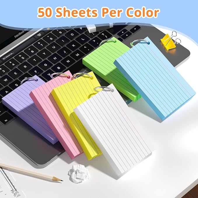 Index Cards 3x5 Inches, 600 PCS, Colored Flash Cards With Ring, Punched Lined Study Card Ruled Flashcards Notecards, Ruled Front And Blank Back, Note Card for School, College And Home