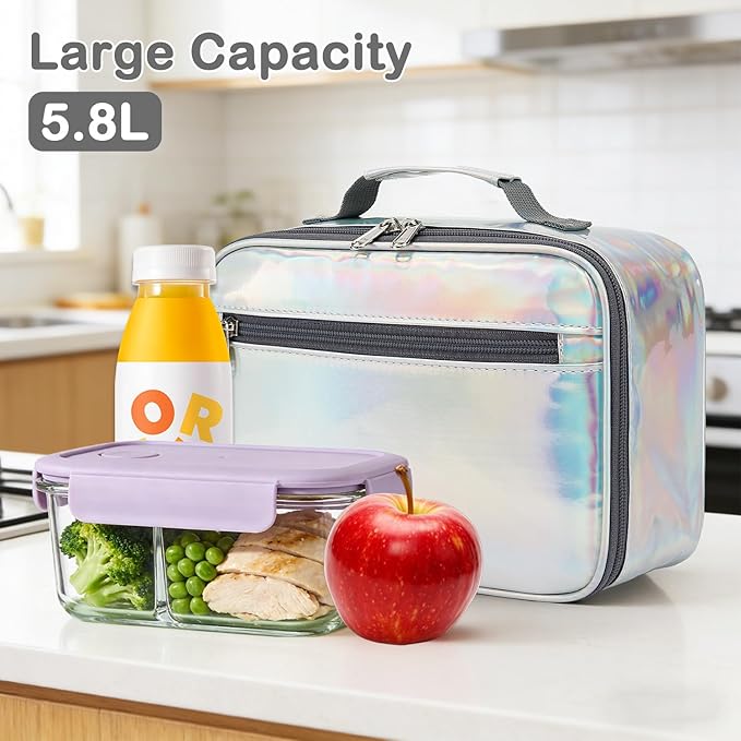FlowFly Kids Lunch box Insulated Soft Bag Mini Cooler Back to School Thermal Meal Tote Kit for Girls, Boys, Silvery