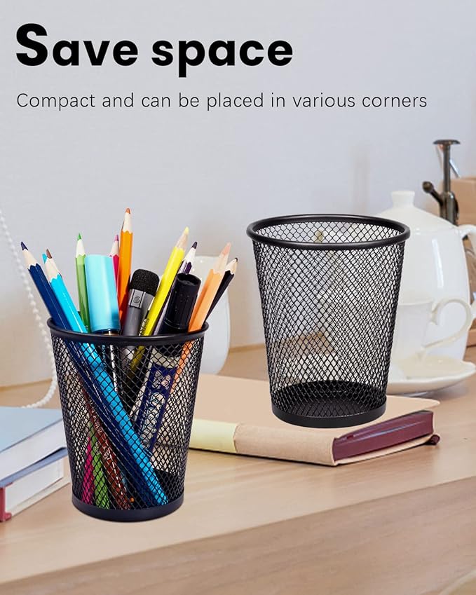 QYH Mesh Pencil Holder Metal Pen Cup Black for Desk, 6 Pack Office Desk Organizer for Business, School & Home