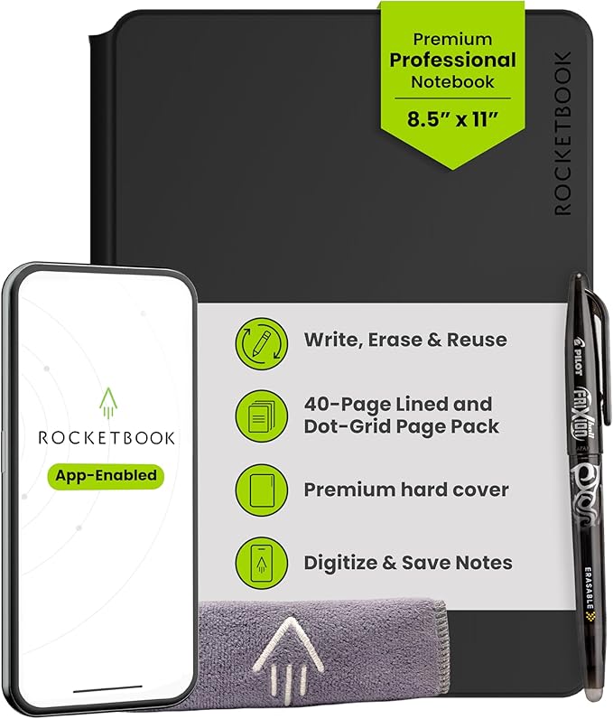 Rocketbook Pro Smart Reusable Notebook, Lined & Dotted Interchangeable Pages, For Work and Business Meetings, Letter Size 8.5x11, Black