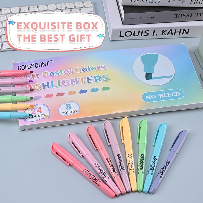 coruscant Pastel Highlighters Set, 8 Assorted Colors, 24 Pack, Chisel Tip Cute Highlighters, Dry Quickly, for Journal Bible Study,school Office Supplies
