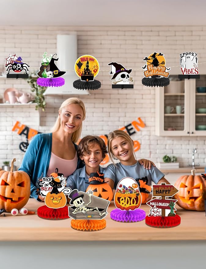 10Pcs Halloween Party Decorations Honeycomb Centerpiece - Halloween Table Decorations Spooky Orange Black Table Centerpieces Pumpkin Ghost Witch Table Topper Decor Indoor Outdoor Supplies