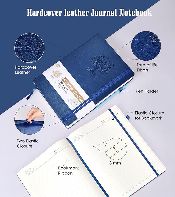 Lined Journal Notebook, 365 Pages A4 Large Journals for Writing Ruled Notebook, Hardcover Leather Journal for Women Men, Daily Notebook for Work, Note Taking, 100Gsm Thick Paper( 8.5" x 11" Darkblue)