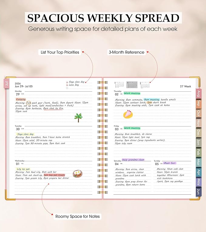 Academic Planner 2026-2027, Hardcover Leather Weekly and Monthly Calendar Planner from July 2026 - June 2027, A5 6.1" x 8.2" Daily Agenda with Tabs, College School Organizer for Student Teacher, Pink