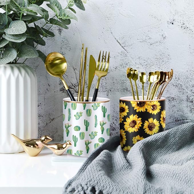 Pen Holder, Cute Pencil Holder for Desk, Makeup Brush Holder Floral Pattern, Pencil Cup for Girls Women, Durable Ceramic Desk Organizer Flower Decor for Office, Classroom, Sunflower