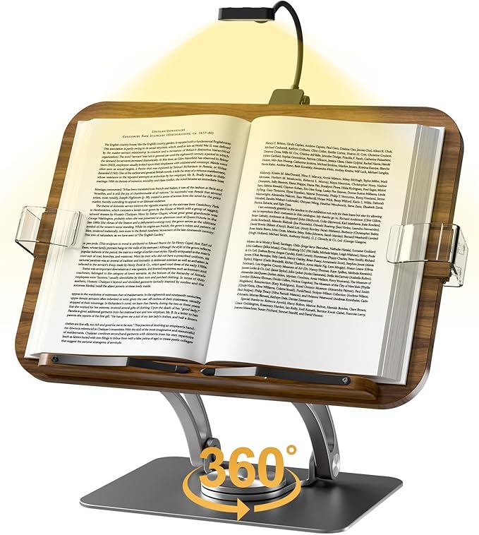 Book Stand for Reading,Adjustable Book Stand with Light,360° Rotating Metal Base,Foldable Cookbook Stand,Reading Hands Free with Page Clips for Recipe,Textbook,Laptop（3CCT & CRI 90）