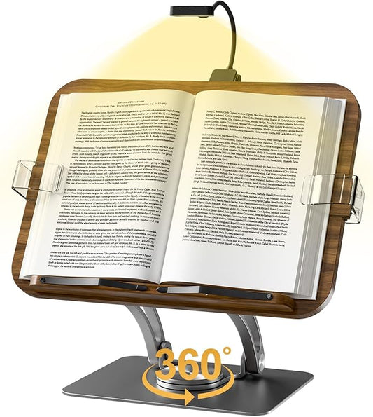 Book Stand for Reading,Adjustable Book Stand with Light,360° Rotating Metal Base,Foldable Cookbook Stand,Reading Hands Free with Page Clips for Recipe,Textbook,Laptop（3CCT & CRI 90）