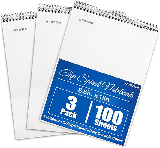 Mintra Office TOP BOUND Durable Spiral Notebooks (White, College Ruled 3pk)