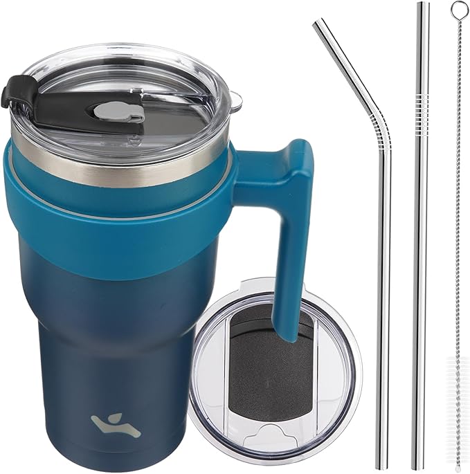 Konokyo 30 oz Tumbler with Handle and 2 Straw 2 Lid, Insulated Water Bottle Stainless Steel Vacuum Cup Reusable Travel Mug,Indigo Black