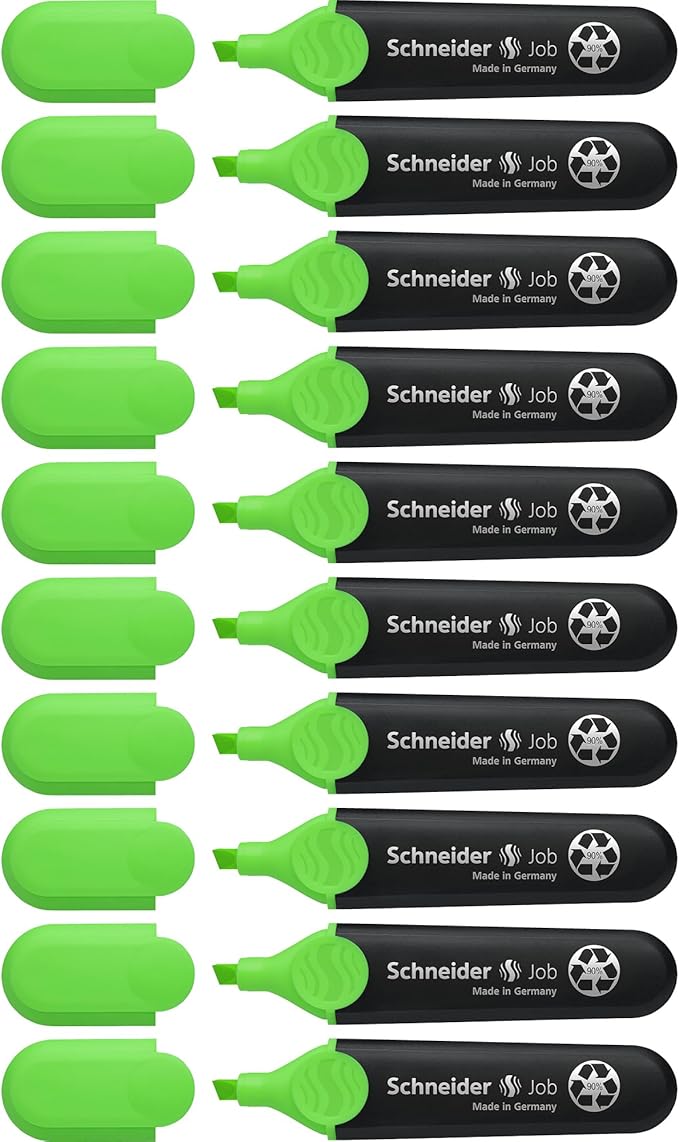 Schneider Job Highlighter, Chisel Tip, 1 + 5 mm, Black Barrel, Green Ink, Box of 10 Highlighters (1504)
