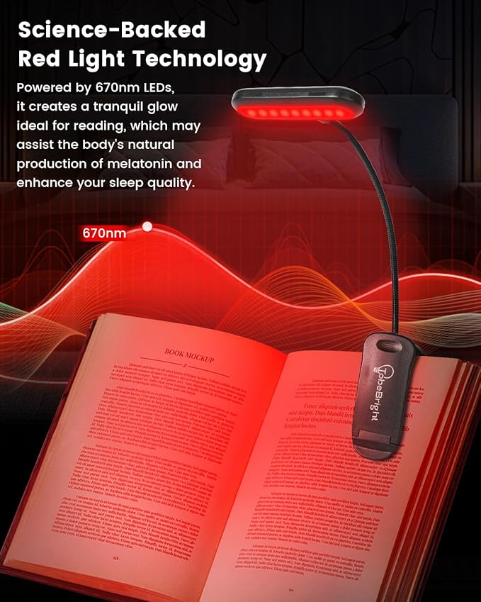670nm Red Light Book Light LED Rechargeable USB-C Clip On Book Lights for Reading at Night, 100% No Blue-Light Eye Care Book Lamp 360° Flexible, Gift for Kids, Travel, Learning