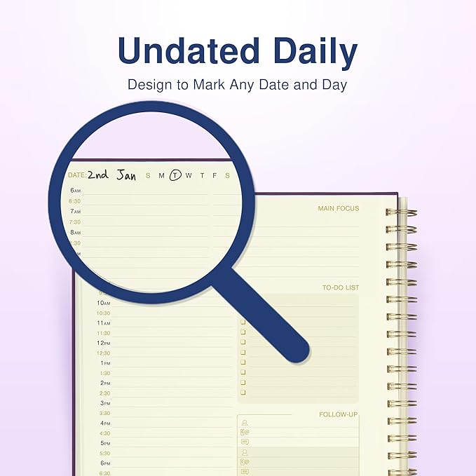 AUROPLANNER Undated Daily Planner To Do List Hourly Schedule 2027 2026 2025 Calendar & Holiday Habit Tracker 180 Pages Letter Size 8.5" x 11" Sheets Hardcover Spiral Bound Notebook (Purple Indigo)