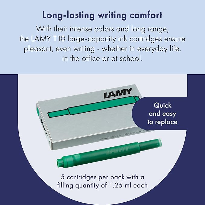 LAMY T10 Ink cartridges with Large Ink Capacity - Suitable for All Lamy Fountain Pen Models - Contents 1.25 ml per Cartridge - 5 Pieces per Pack - Ink Color Green