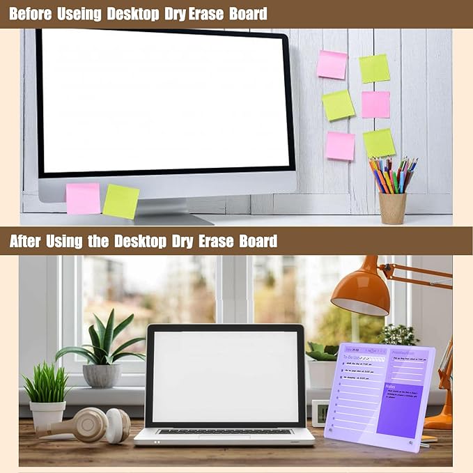 Desktop Thick Acrylic Dry Erase Board to Do Planning Board, 12" x 10", Desktop White Board with Stand, Frameless Purple Dry Erase White Board for Office/Home/School