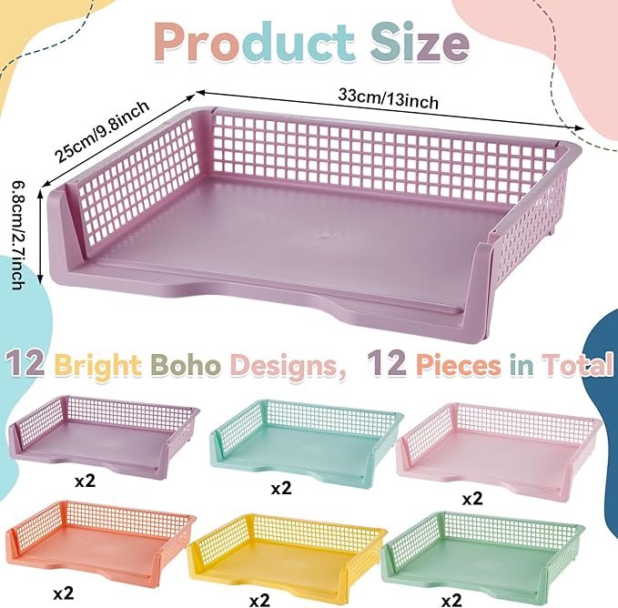 gisgfim 12 Pack Plastic Turn in Paper Trays for Classroom Pastel Storage Bin Basket Organizers for School Teacher Supplies Classroom Office Home Organization Storage Tray Holds 4A Paper File Document