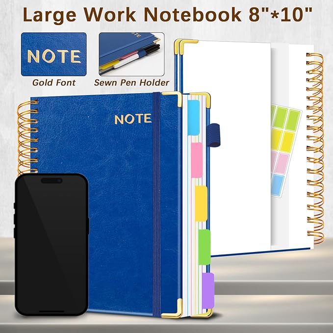 Hardcover Spiral Notebooks for Work 8''x 10'', 300 Pages 5 Subject Notebook with Dividers & Tabs, B5 Spiral Journal for Women, College Ruled Notebooks for School Note-Taking (Lake Blue)
