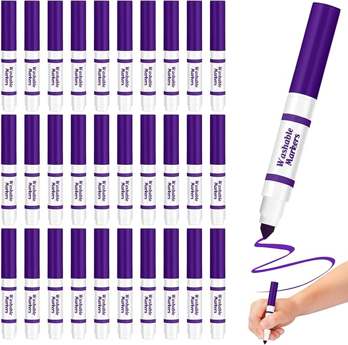 30 Pcs Mini Washable Markers Bulk Broad Line Conical Tip Washable Mark Pen Set Short Coloring Paint Pen for Kid Art Projects Teacher Student Toddler Party Favors Classroom, Ages 6+(Purple)